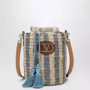 Valentino Garavani Small bucket bag in raffia with beige and light blue stripes