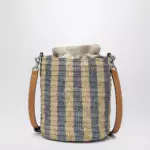 Valentino Garavani Small bucket bag in raffia with beige and light blue stripes