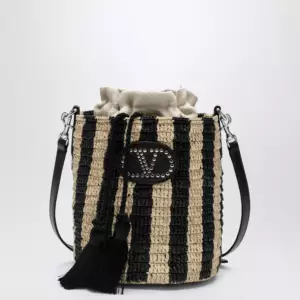Valentino Garavani Small bucket bag in raffia with beige and black stripes