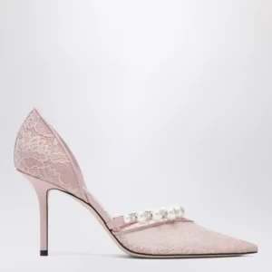 Jimmy Choo Pink Lace Décolleté with Pearl Decoration