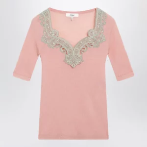 Chloé Fitted elbow-sleeve ribbed wool sweater with lace trim in pink