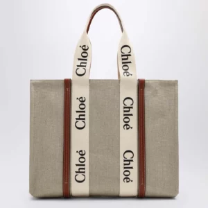 Chloé Large Woody tote bag in beige canvas