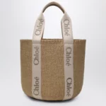 Chloé Large Woody basket bag in paper and calfskin beige