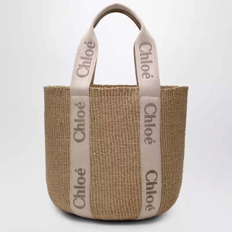 Chloé Large Woody basket bag in paper and calfskin beige