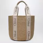 Chloé Large Woody basket bag in paper and calfskin beige