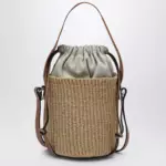 Chloé Small Woody bucket bag in woven paper and leather, beige