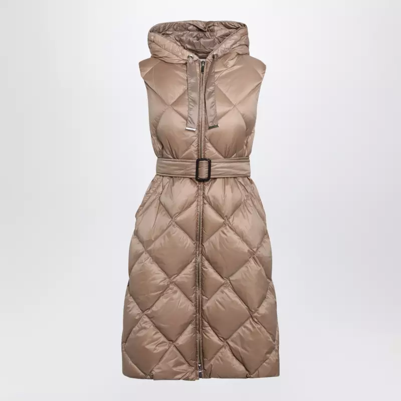 Max Mara The Cube Camel belted sleeveless down jacket