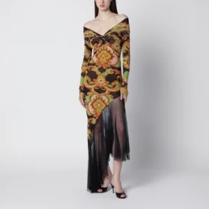 ETRO Asymmetrical midi dress in stretch tulle with traditional floral print