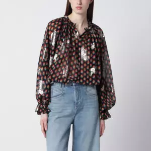 ETRO Black silk shirt with fil coupé roses