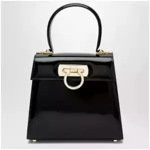 Ferragamo Small black leather top-handle bag with Gancini closure