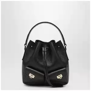 Ferragamo Black multipocket bucket bag in hammered leather