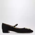 Ferragamo Black Gancini heeled ballerina in suede