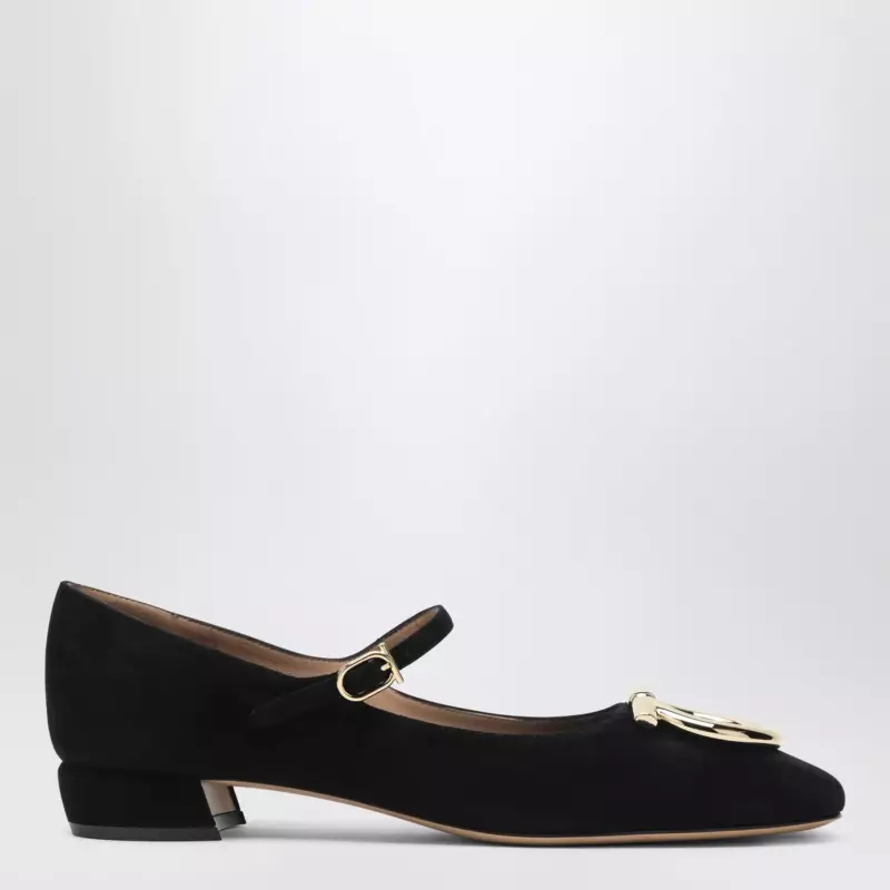 Ferragamo Black Gancini heeled ballerina in suede