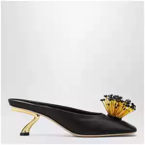 Ferragamo Black mules with sculptural heel and crystal flower