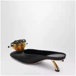 Ferragamo Black mules with sculptural heel and crystal flower