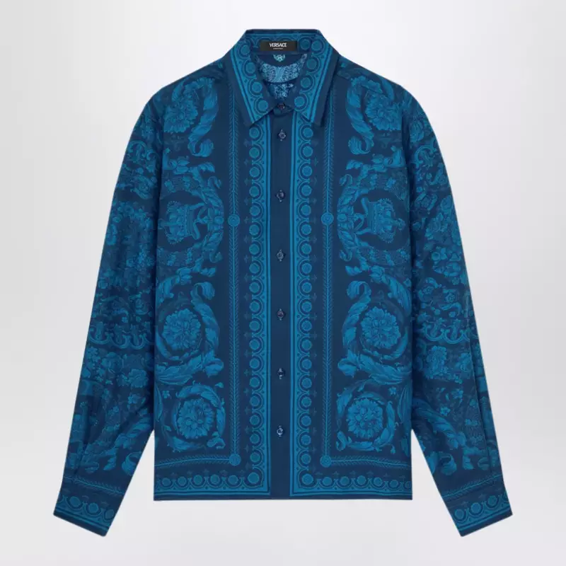 Versace Slim-fit printed silk twill shirt in blue