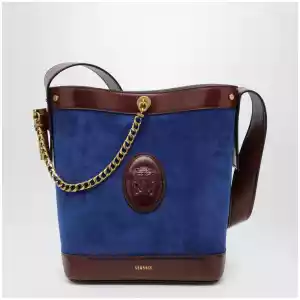Versace Small Pivot bucket bag in suede and leather blue