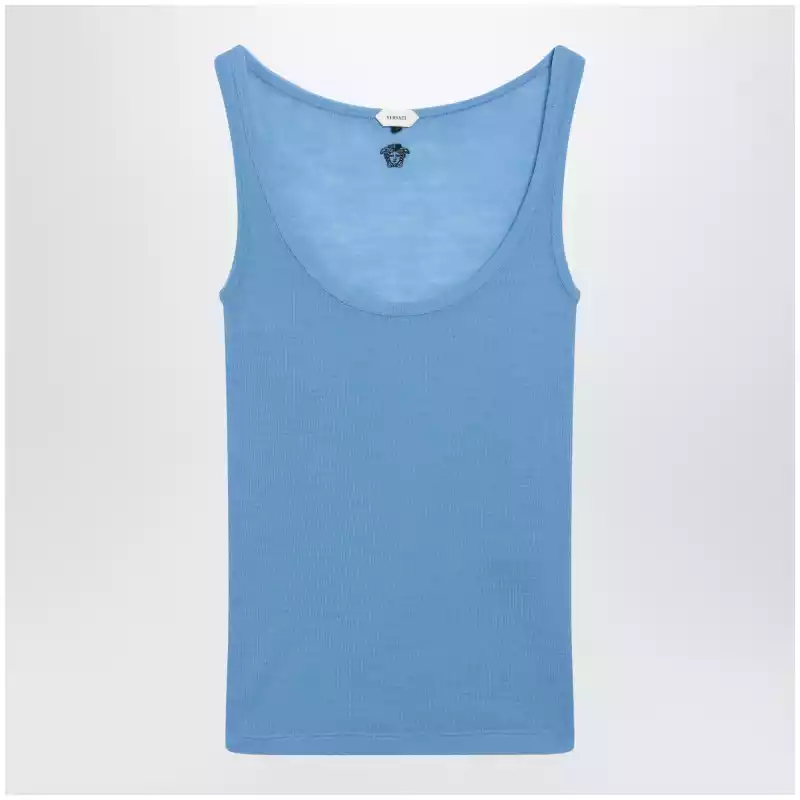 Versace Blue wool tank top with logo embroidery