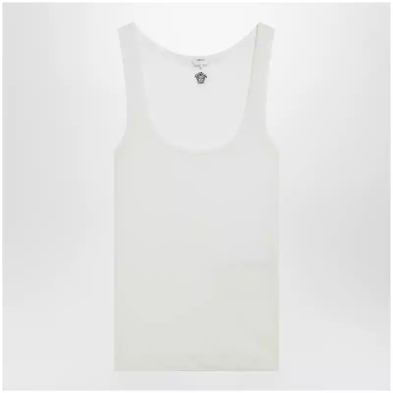 Versace Cream wool tank top with logo embroidery