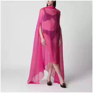 Dries Van Noten Wide Cape Dress Fuchsia in Sheer Silk