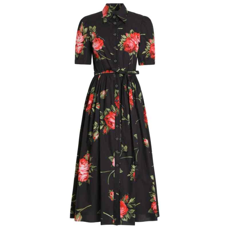 Dolce & Gabbana- floral-print belted midi dress in black cotton