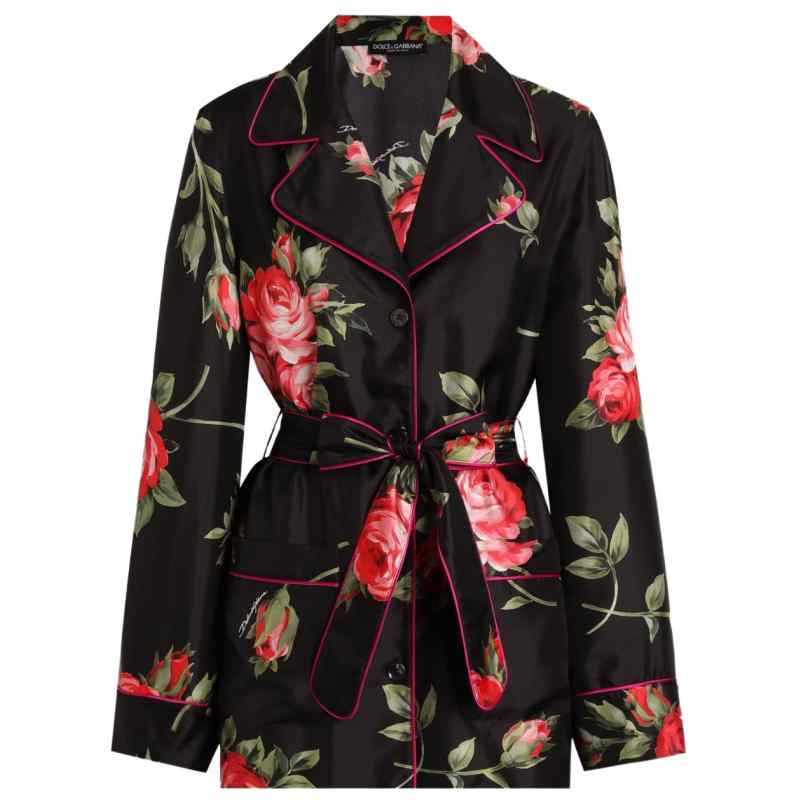 Dolce & Gabbana-black silk floral-print belted shirt