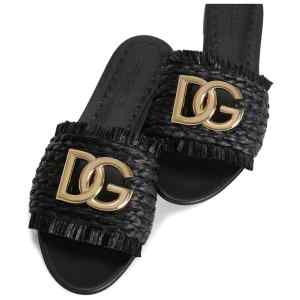 Dolce & Gabbana Woven Raffia Slippers with Fringe