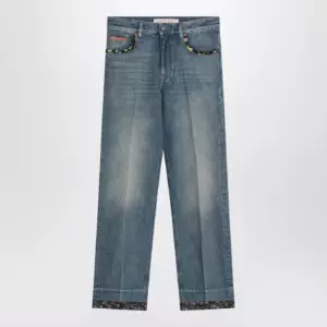Valentino Washed blue jeans with floral fabric trims