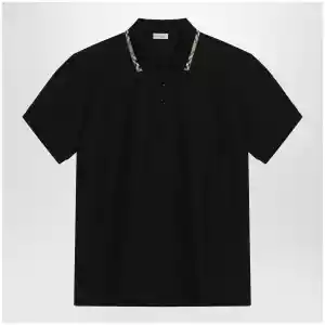 Black cotton polo with Check detail by Burberry