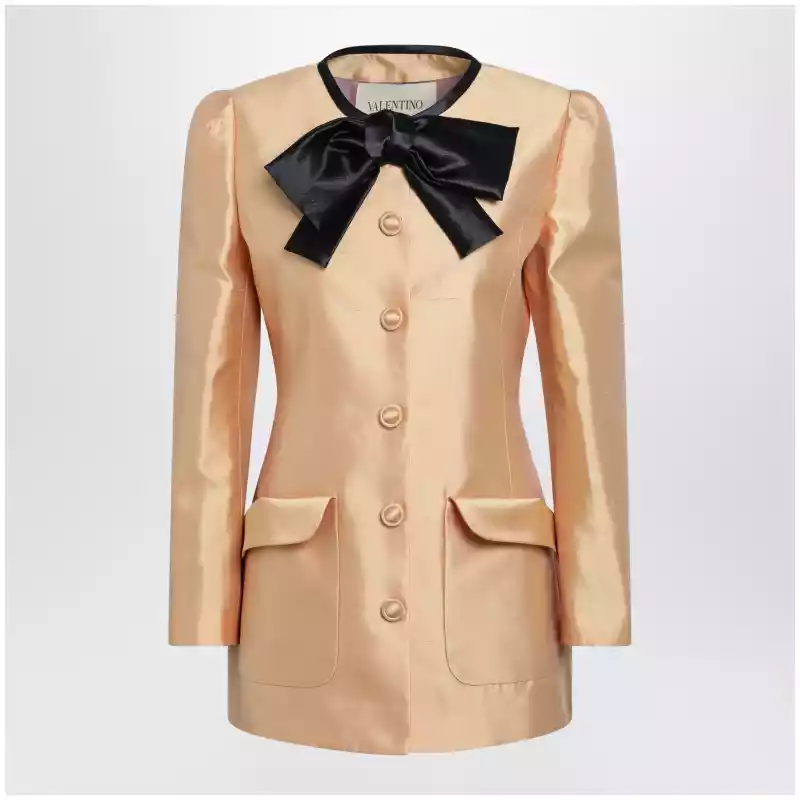 Valentino Pea coat in shantung in melon/black