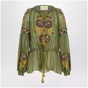 Valentino Embroidered lurex silk shirt green camou