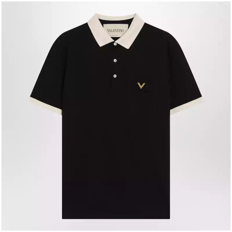 Valentino Black cotton piqué polo shirt with Vgold
