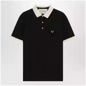Valentino Black cotton piqué polo shirt with Vgold