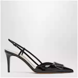 Valentino Garavani Black Vlogo Signature patent leather slingback pumps