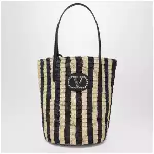Valentino Garavani Striped shoulder bag in raffia and leather