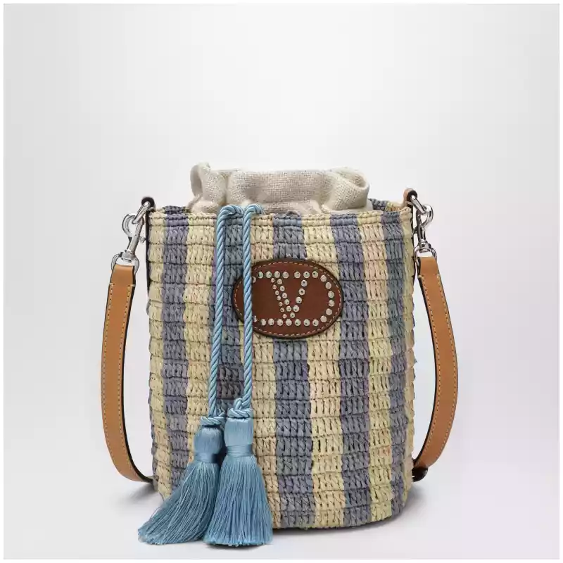 Valentino Garavani Small bucket bag in raffia with beige and light blue stripes