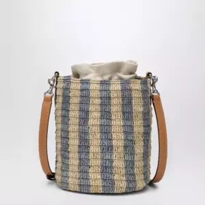 Valentino Garavani Small bucket bag in raffia with beige and light blue stripes