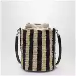 Valentino Garavani Small bucket bag in raffia with beige and black stripes