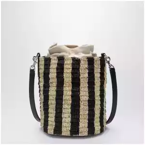 Valentino Garavani Small bucket bag in raffia with beige and black stripes