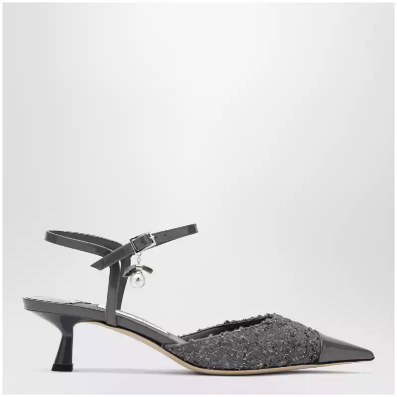 Jimmy Choo Aren graphite leather and fabric slingbacks