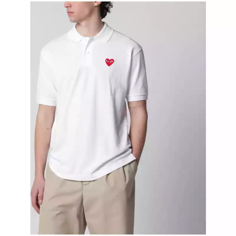 Comme des Garçons Shirt White Red Heart cotton polo shirt