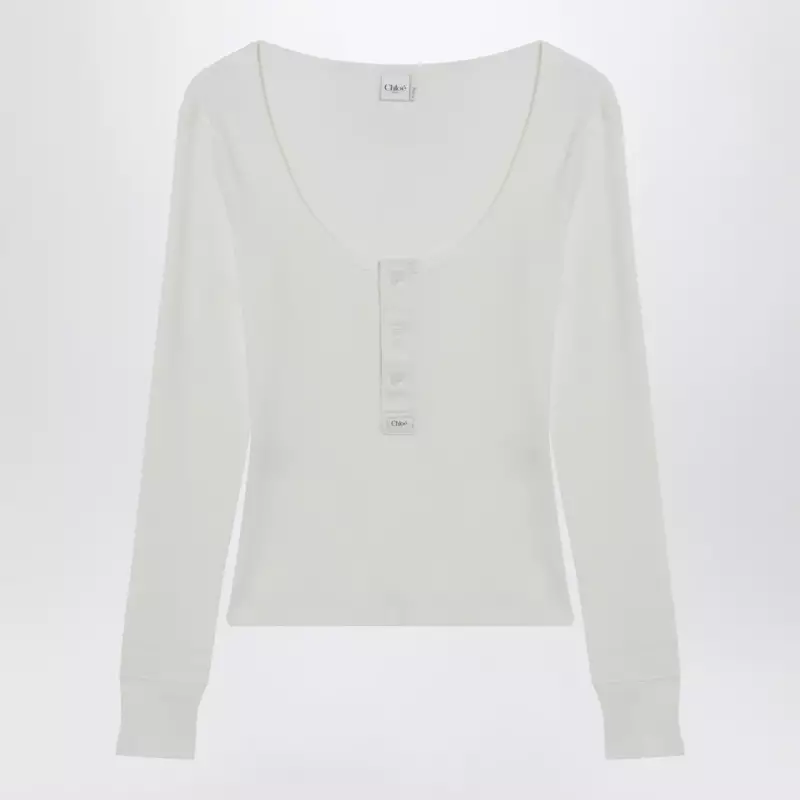 Chloé White Henley cotton jersey top