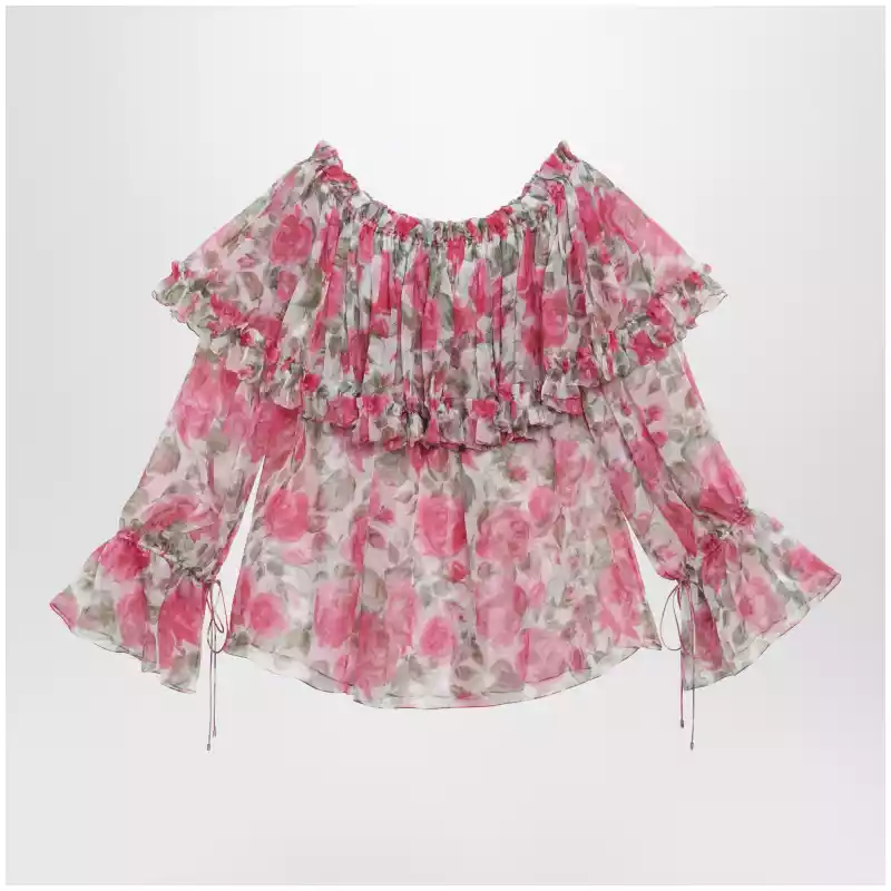 Chloé Puff-sleeve top in multicolor silk