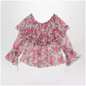 Chloé Puff-sleeve top in multicolor silk