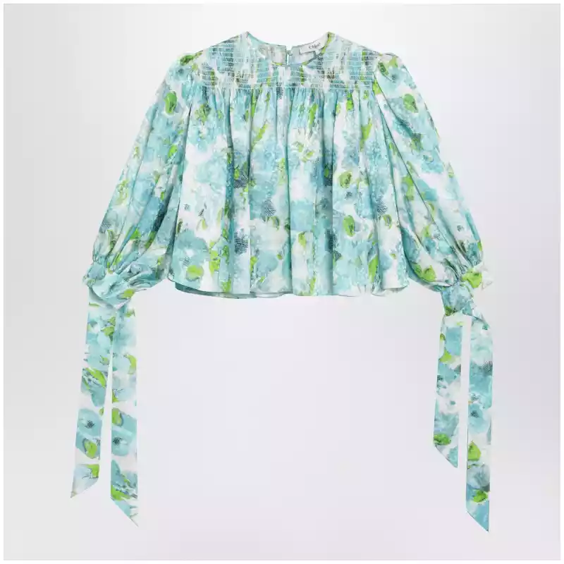 CH26UHT03387_S_CHLOE-91J.x Chloé Ruched cropped silk jacquard floral top, multicolor