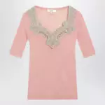 Chloé Fitted elbow-sleeve ribbed wool sweater with lace trim in pink
