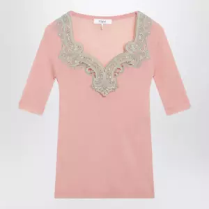 Chloé Fitted elbow-sleeve ribbed wool sweater with lace trim in pink