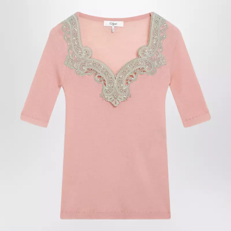 Chloé Fitted elbow-sleeve ribbed wool sweater with lace trim in pink