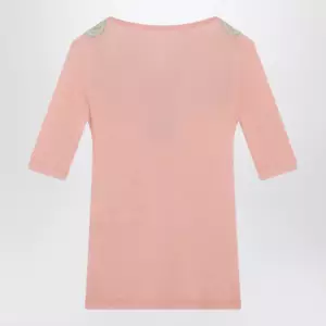 Chloé Fitted elbow-sleeve ribbed wool sweater with lace trim in pink