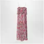 Chloé Long silk muslin dress with rose print, white/pink